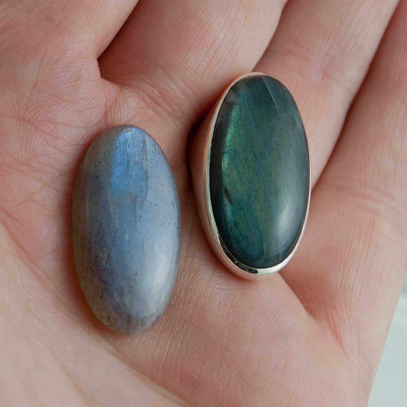 Gray Blue Labradorite Sterling Silver Ergo Ring  - Oval Gemstone Ring