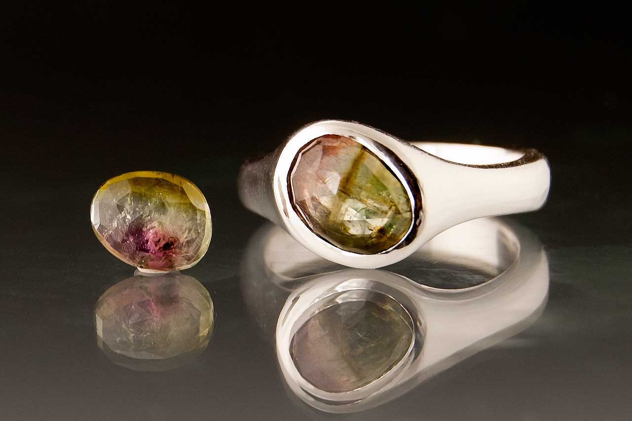 Rose Cut Watermelon Tourmaline Pebble Ring, Sterling Silver, custom size