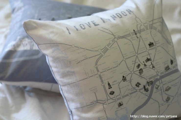 London Map Illustrated Blue Tone Linen Pillow Case(Cover, Slip)