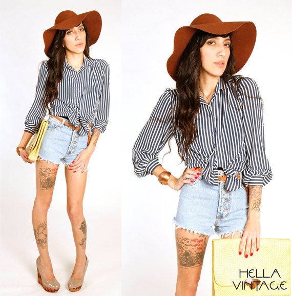 70's Sailor Striped Secretary Blouse S/M Nautical Navy Blue and White Button Up Top