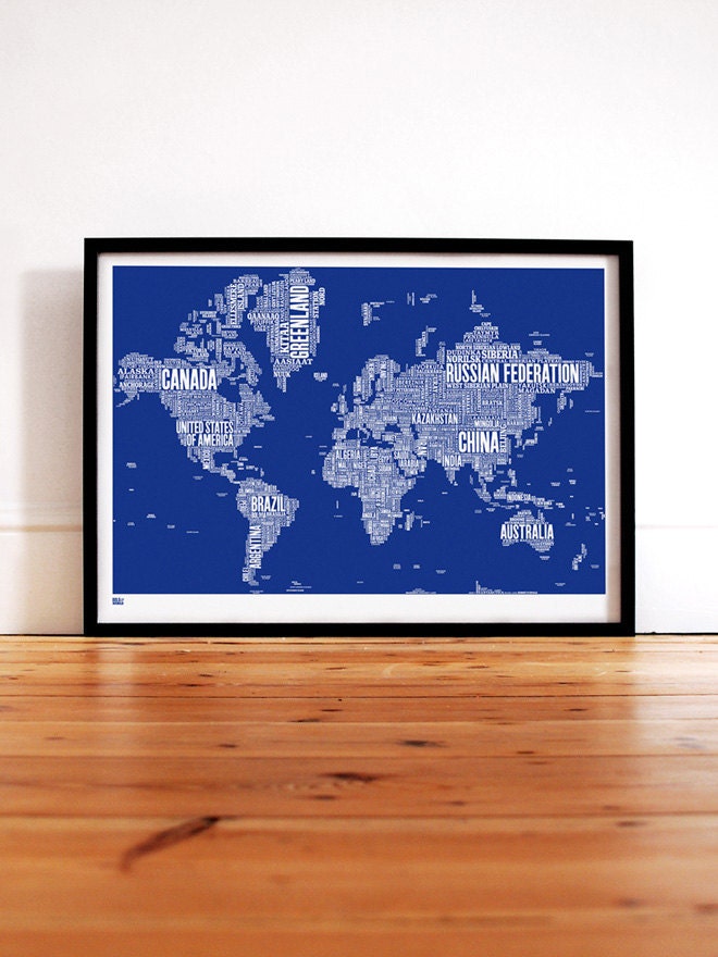 World Type Map in Reflex Blue - decorative screen print