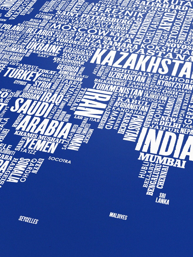 World Type Map in Reflex Blue - decorative screen print