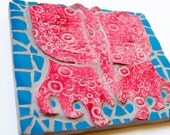 Mosaic Relief - Ancient Mexican Butterfly - Red and Teal