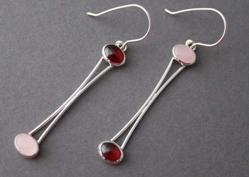 Sterling Rose Quartz and Garnet Earrings, Retro Hour Glasses
