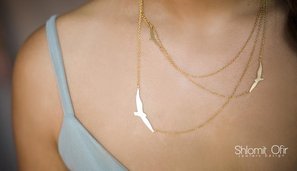 Three Layered Flying Birds Necklace in Silver