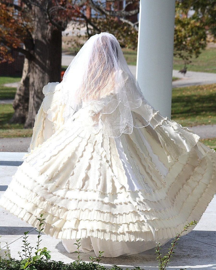 Custom Couture Bridal Wedding Coat- Upcycled Sweater Coat with a Medieval Liripipe Hood and Bell Sleeves by SnugglePants