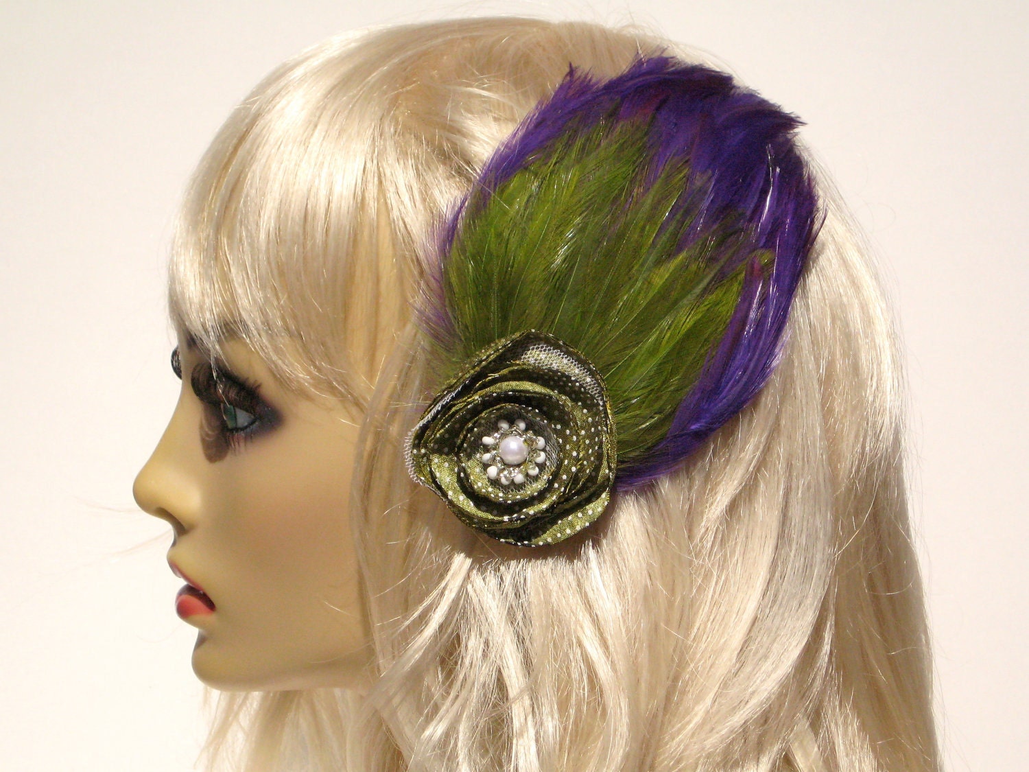 SUPER SALE Purple Feather Hair Clip Green Feathers Green Flower Pin Up Girly Rockabilly Burlesque