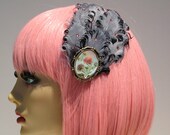 Gray Curly Feather Hair Clip Swarovski Pendant Flower Pretty Feminine Pin Up