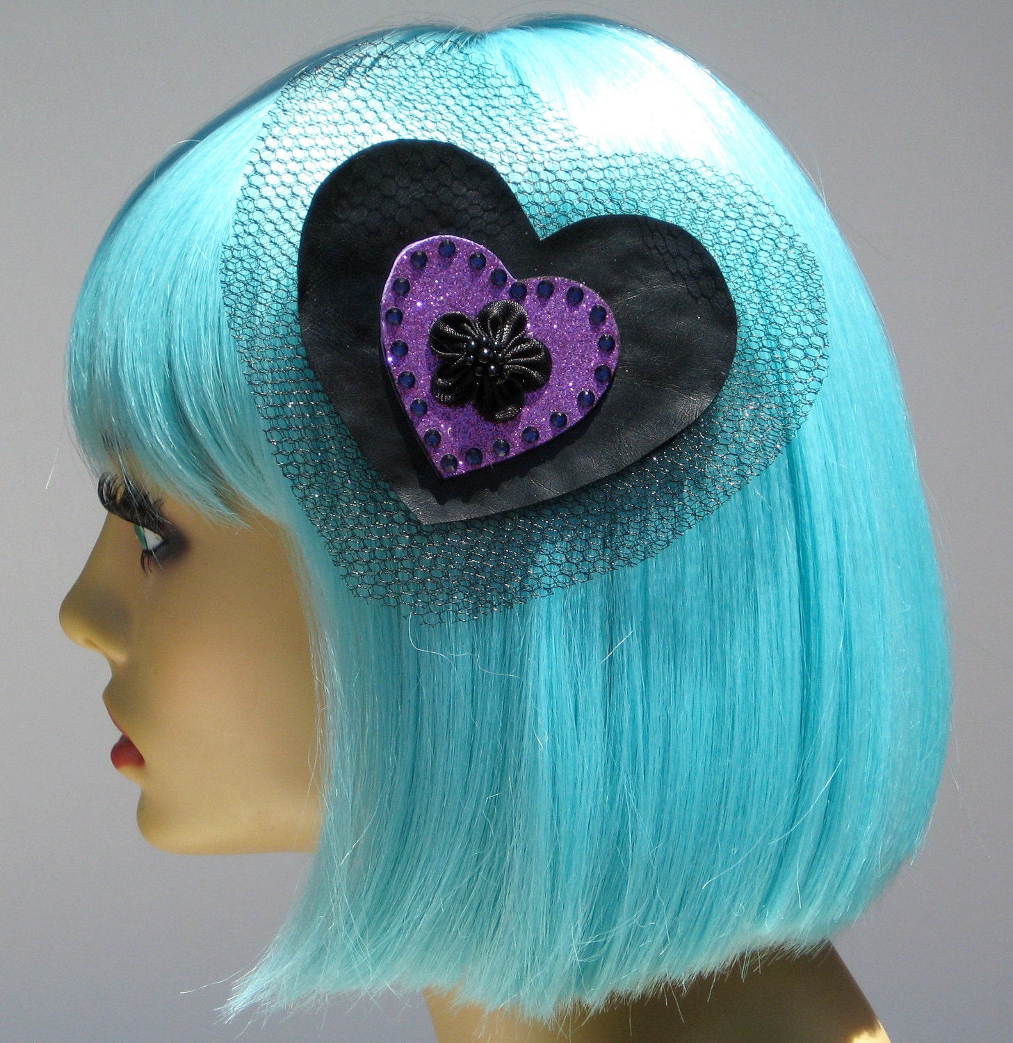 Black Faux Leather Heart Hair Clip Goth Punk Pin Up Rockabilly Party