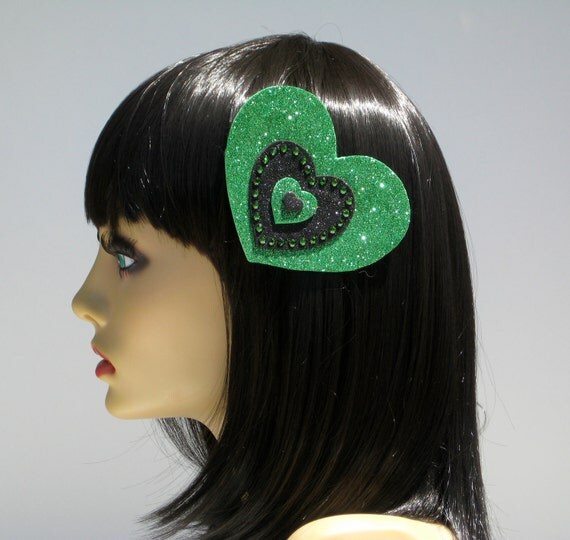 Green Of Hearts Hair Clip Black Heart Rockabilly Pin Up Goth Kawaii
