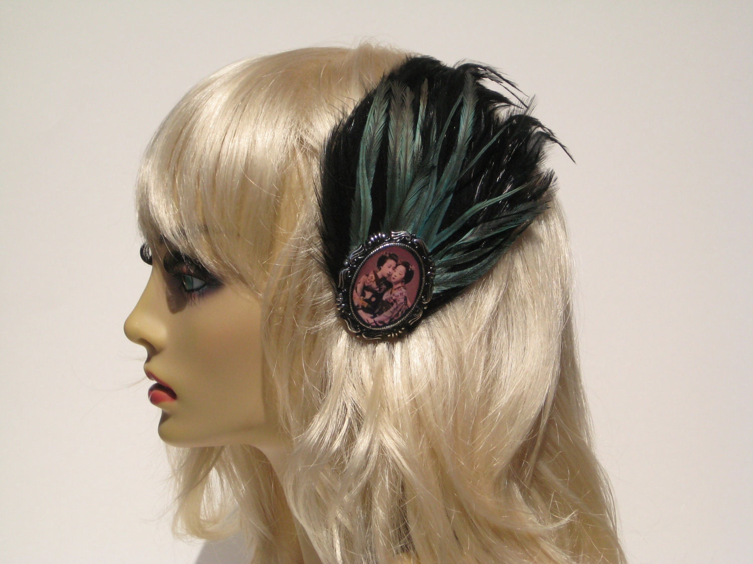 Feather Hair Clip Black Feathers Emu Teal Feathers Geisha Girl Rockabilly Goth Pin Up Japanese