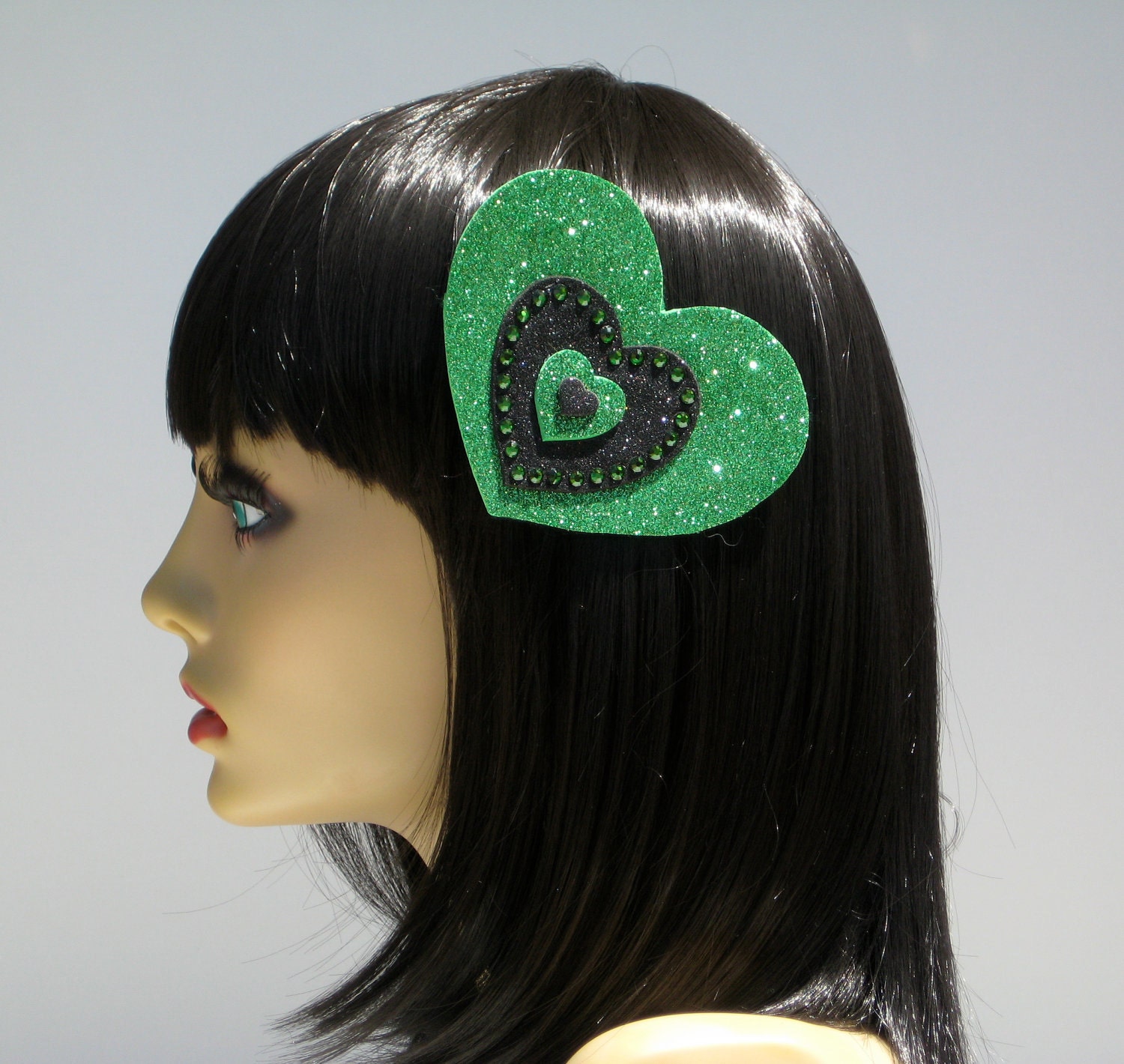 Green Of Hearts Hair Clip Black Heart Rockabilly Pin Up Goth Kawaii