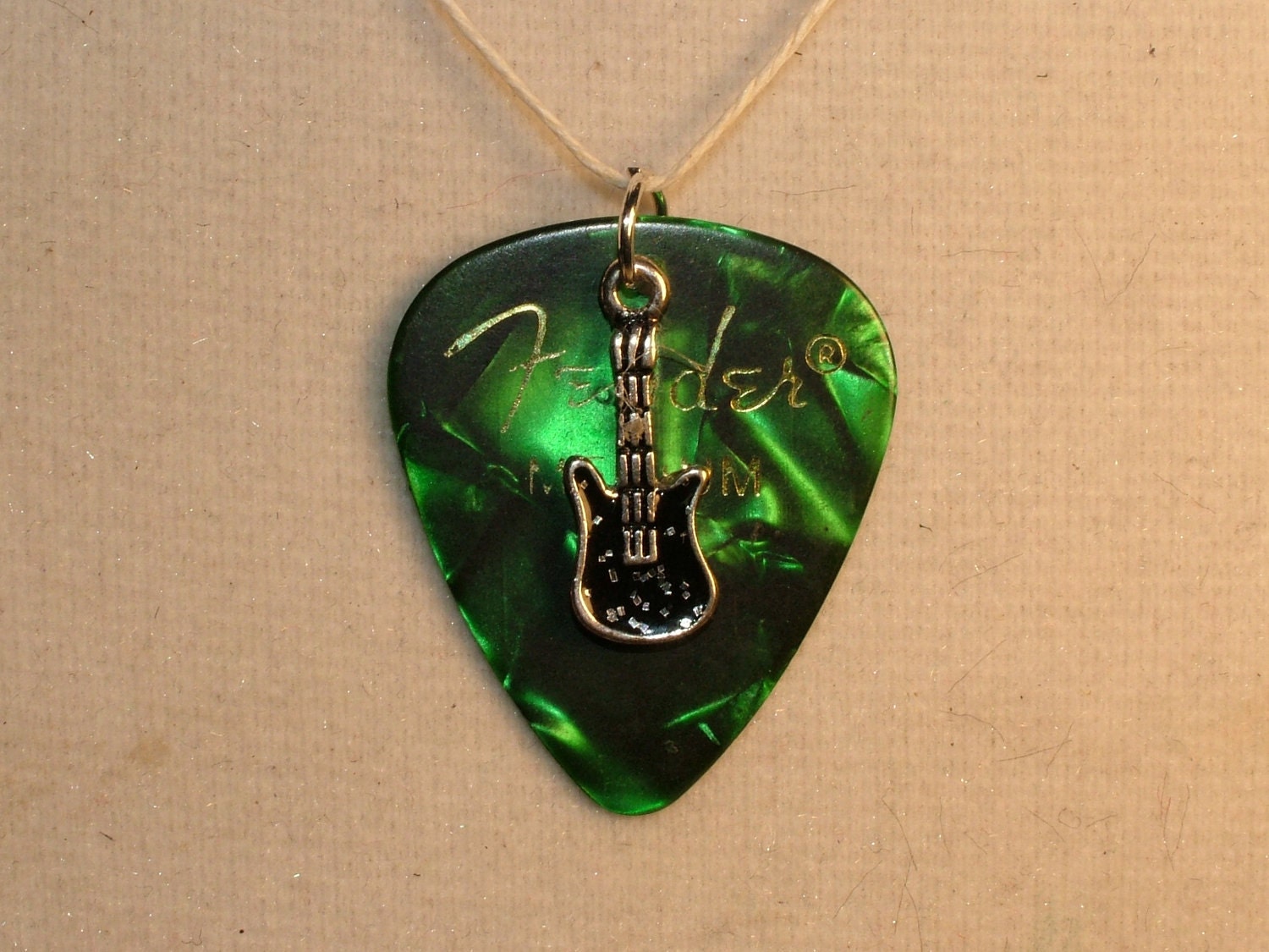 SALE Necklace, Fender Guitar Pick-Green Marbled, and Silver and Black Guitar Charm on Hemp Cord
