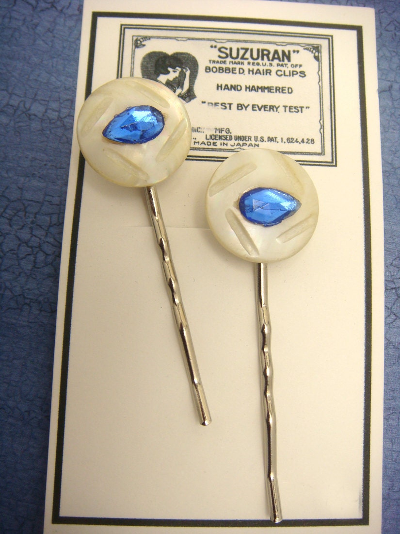 Bobby  Pins Buttons COBALT BLUE Fancy  Bobbie Pins Cabochon and Carved Shell or Mother of Pearl