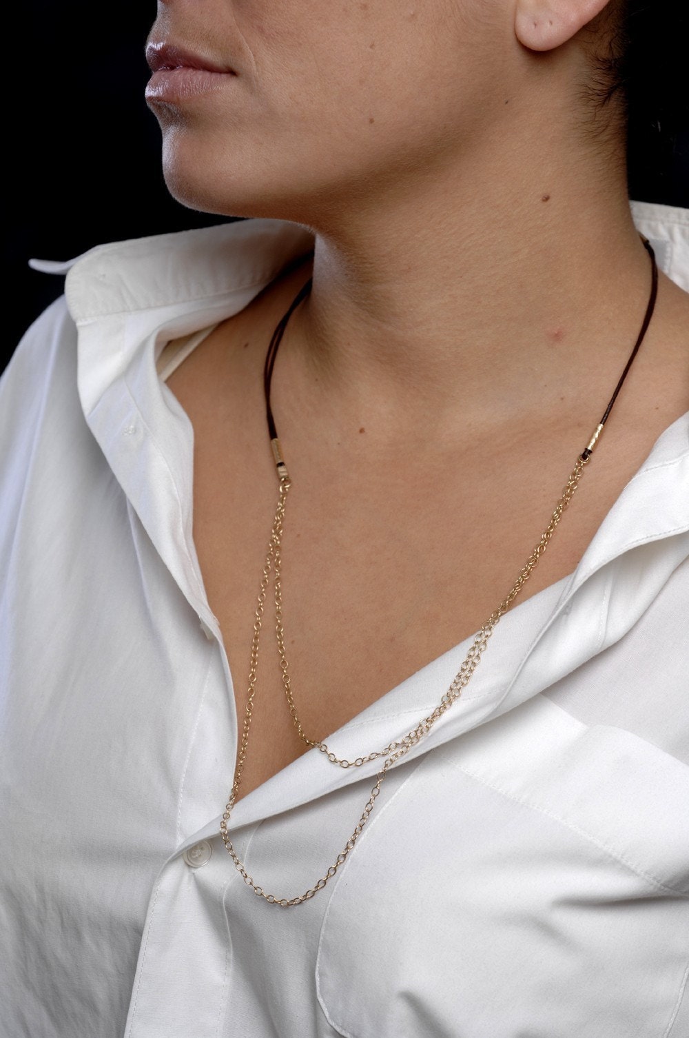 Brown Leather Necklace with Gold Filled Chains - 3rd anniversary gift