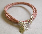 Pink Charm Leather bracelet -Soft Pink  Leather Bracelet with Silver Charms-Braided leather bracelet -
