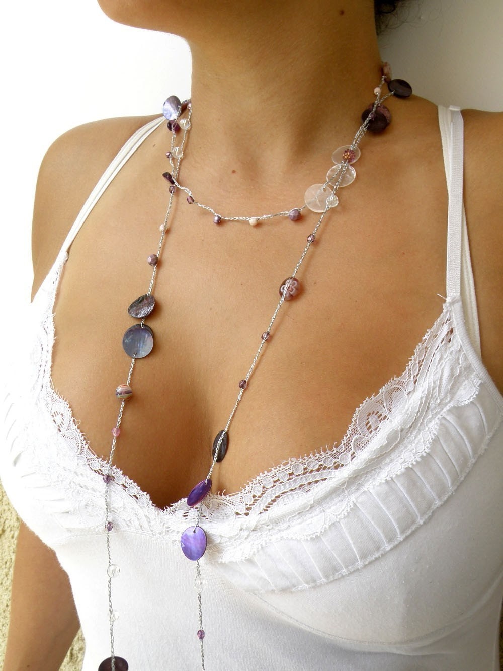 Long Lariat - Crochet Lariat with Beads - Long Purple - - Crocheted Necklace with Purple and White Beads and Shells