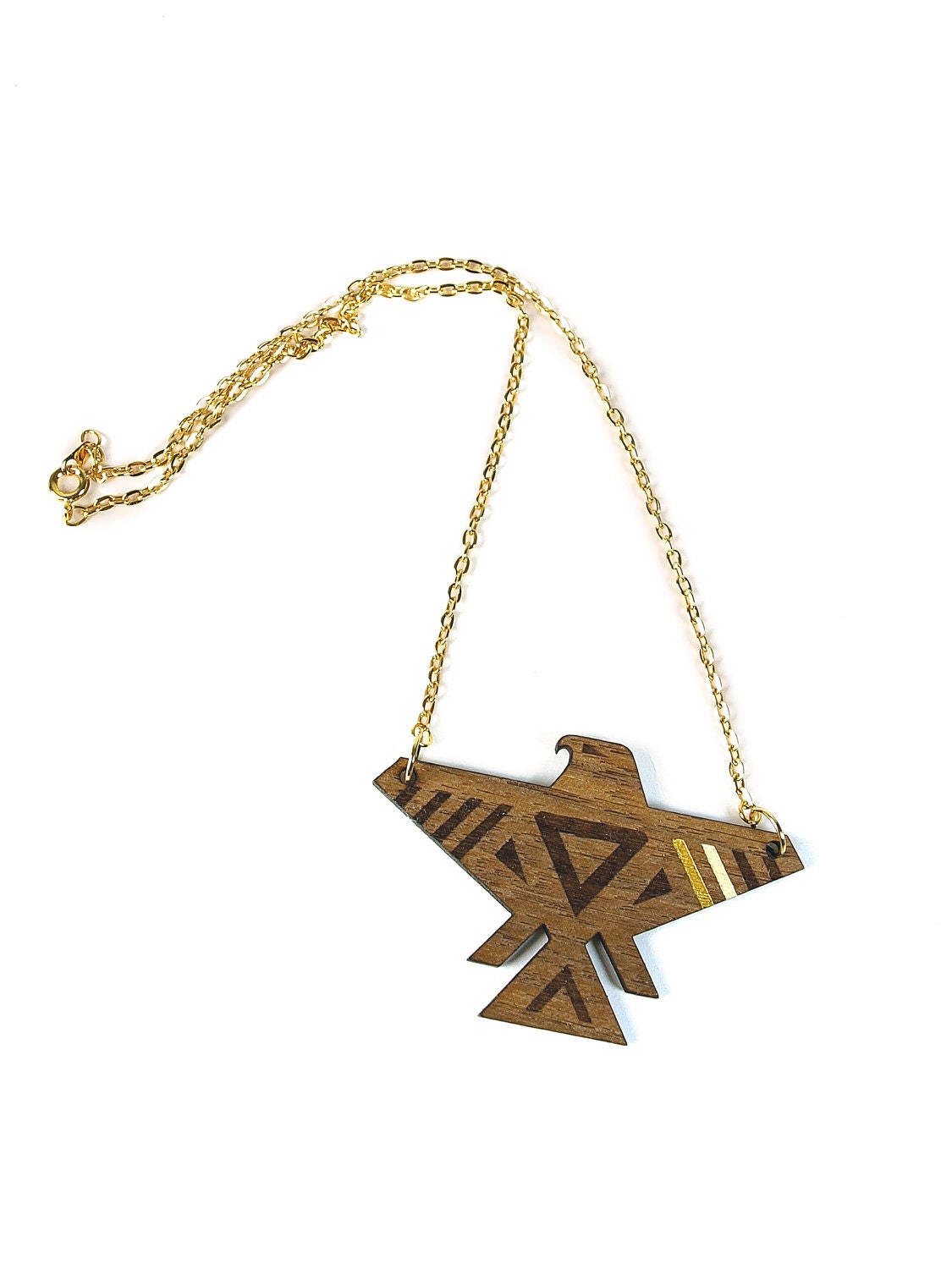 NEW COLOR  T-BIRD - Laser cut, walnut, thunderbird necklace, gold & cream//stripes