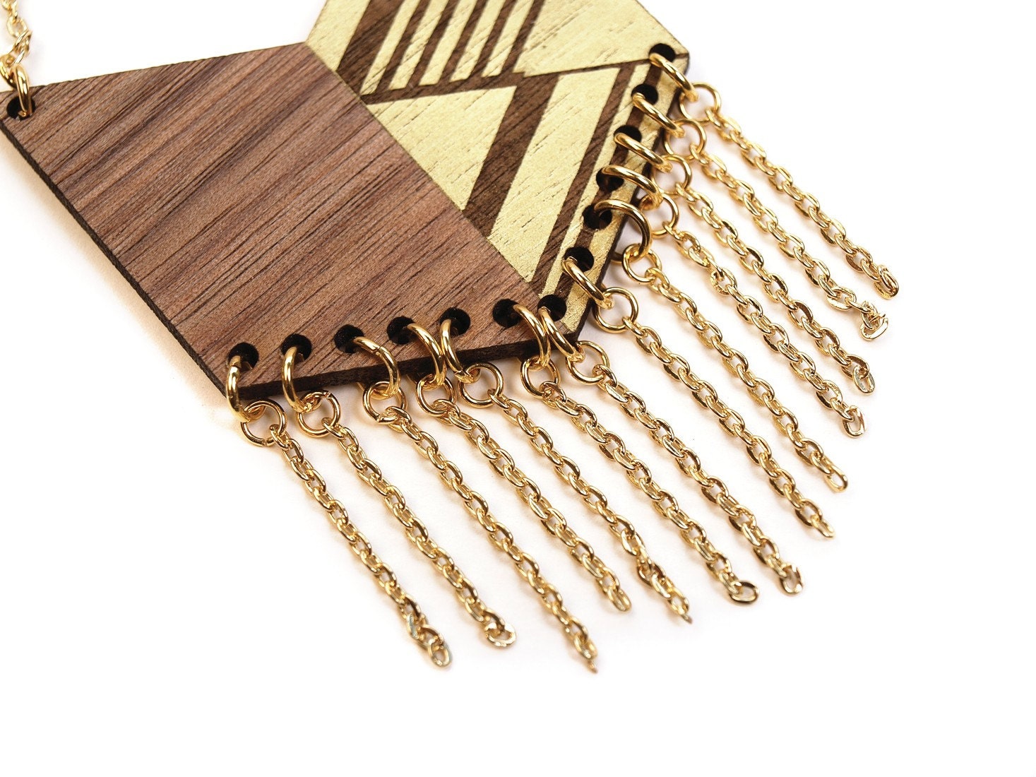 MEXI - Laser cut walnut fringe necklace, gold