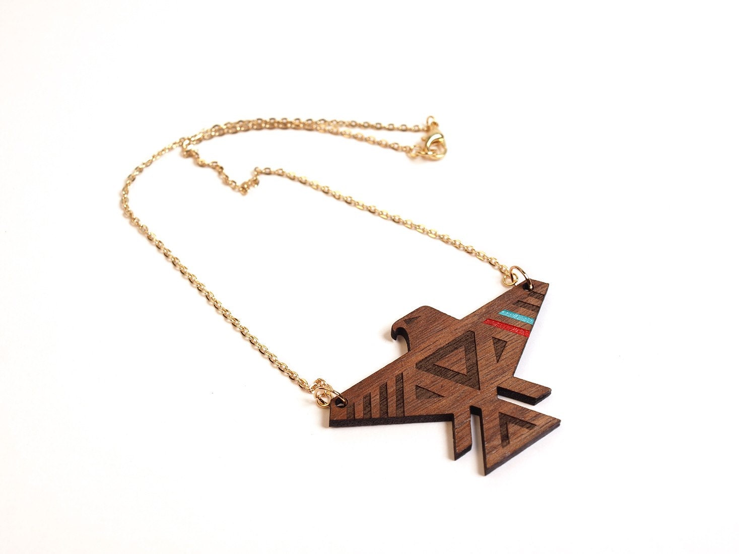 T-BIRD - Laser cut, walnut, thunderbird necklace, color//stripes