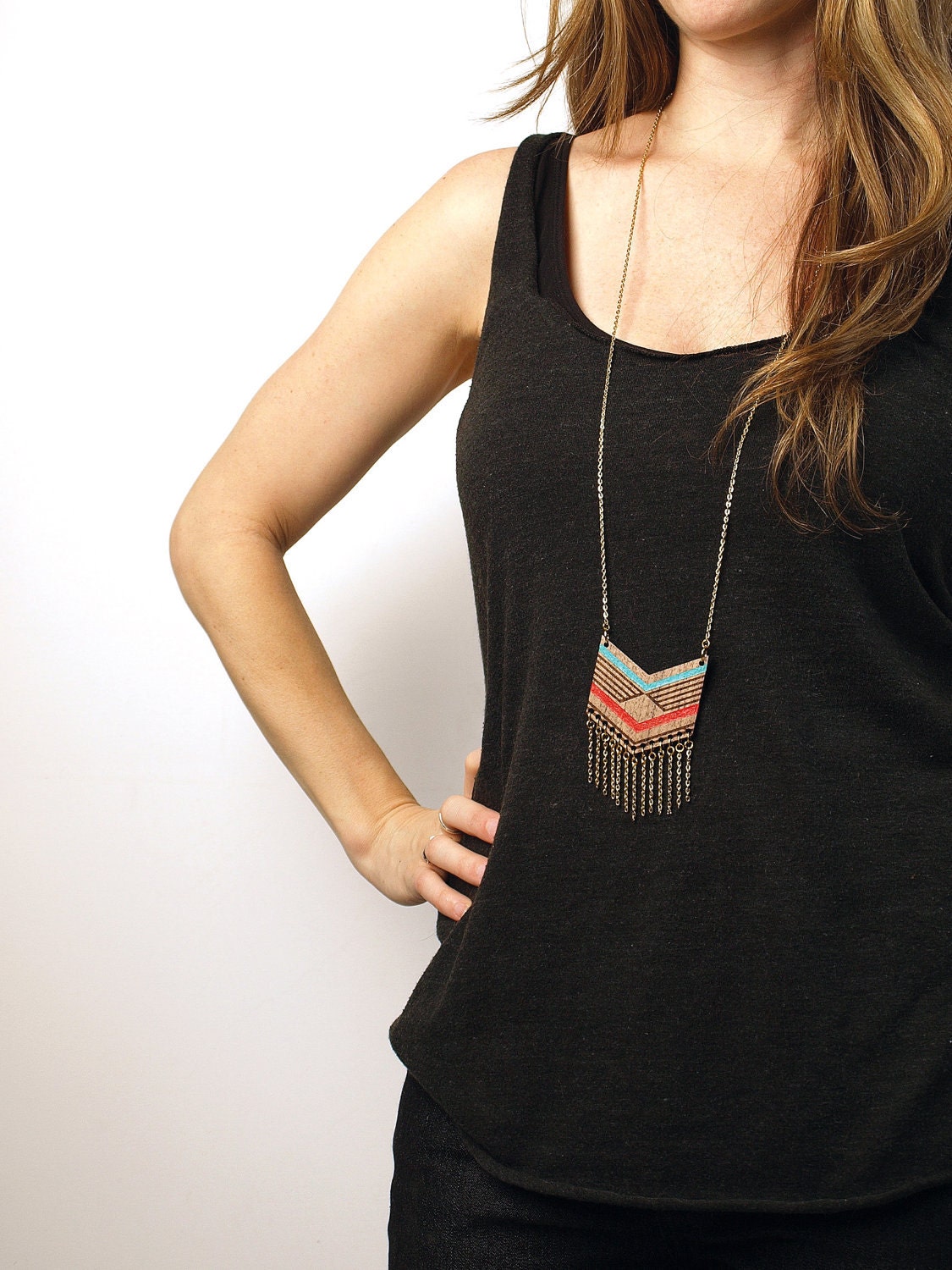 NEW LENGTH  MEXI - Laser cut walnut fringe necklace, color 32"