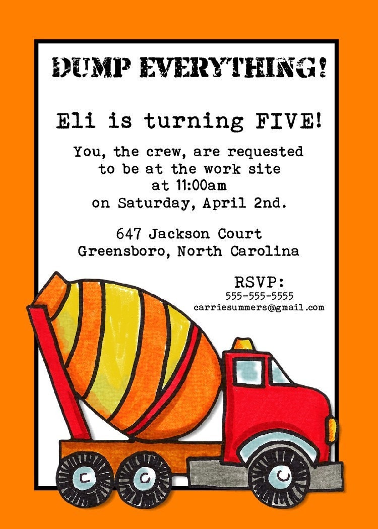 Dump Truck Birthday Party Invitation -- 5x7 Digital File