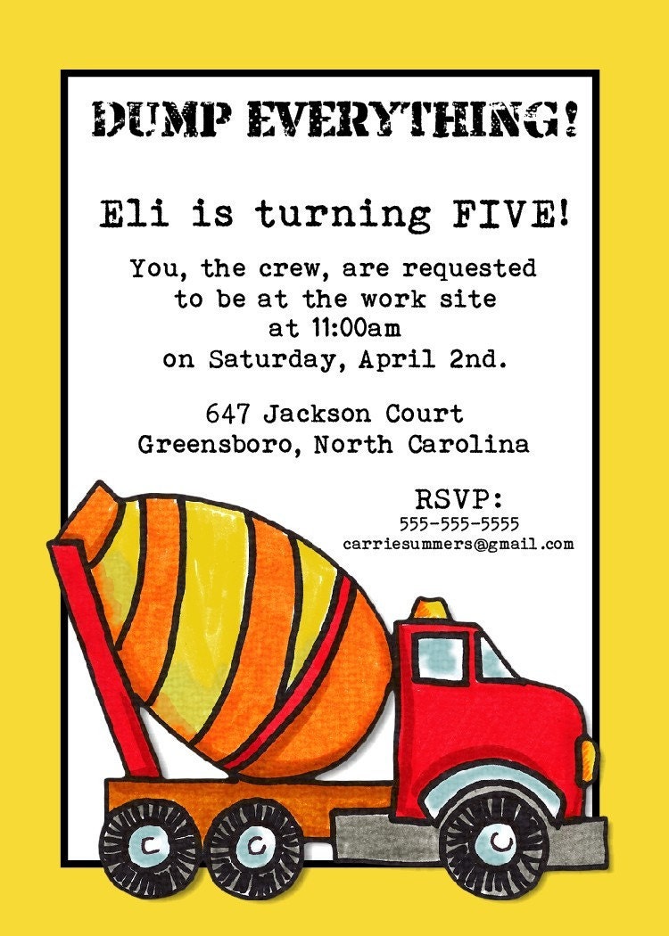 Dump Truck Birthday Party Invitation -- 5x7 Digital File