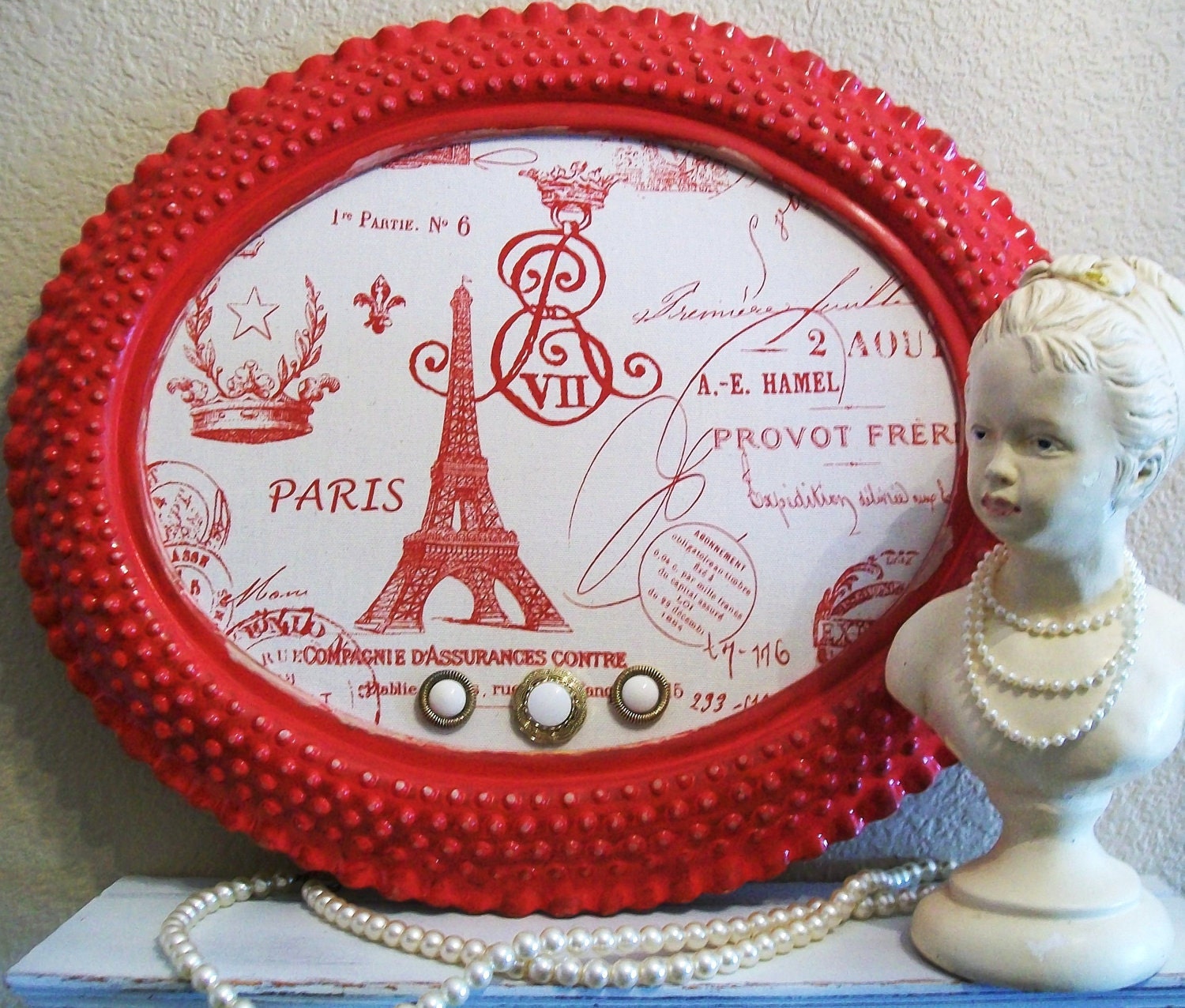SHABBY CHIC-Paris Apartment-'2 IN 1' Vintage Frame Magnetic Chalkboard & Red Document French Script Fabric Magnetic Memo Board Combo-Red