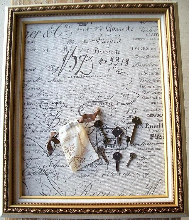 Ornate Baroque Gold Hanging Framed Memo Board or Chalkboard-French Document Script Fabric-Word Key Pushpins-Wedding Decor-Home Decor-Gift