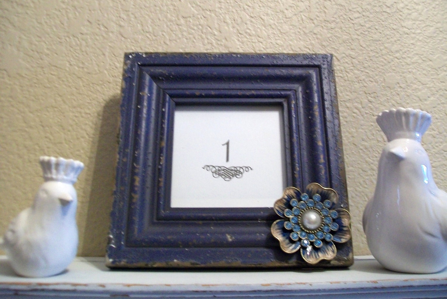 Set of 10 Wedding Table Numbers-Signage-Shabby Chic Picture Frames-Vintage Jewelery Accent-Cobalt Blue-Navy Blue-Wedding Chalkboards