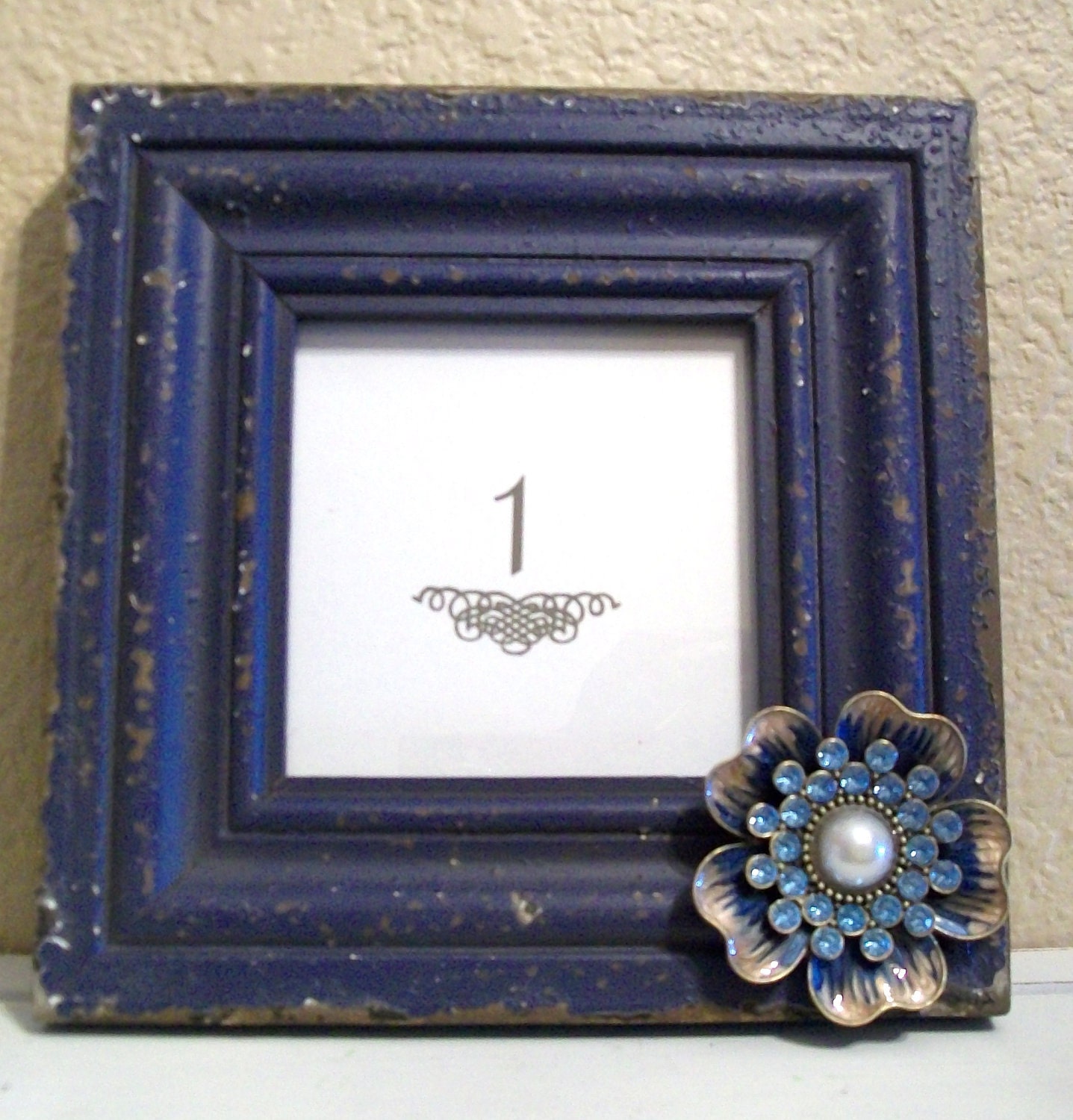 Set of 10 Wedding Table Numbers-Signage-Shabby Chic Picture Frames-Vintage Jewelery Accent-Cobalt Blue-Navy Blue-Wedding Chalkboards