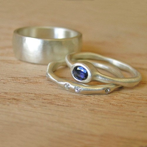 White Moissanite and Blue Chatham Created Sapphire Set