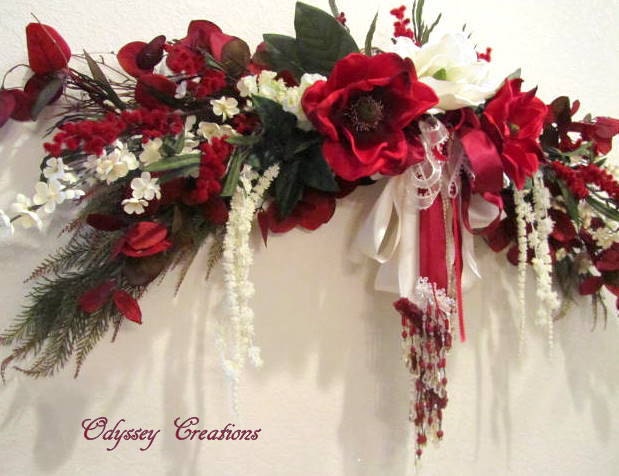 Elegant Victorian Silk Floral Over-The-Door Swag Magnolia in Burgundy and Ivory with pearl and beaded accents