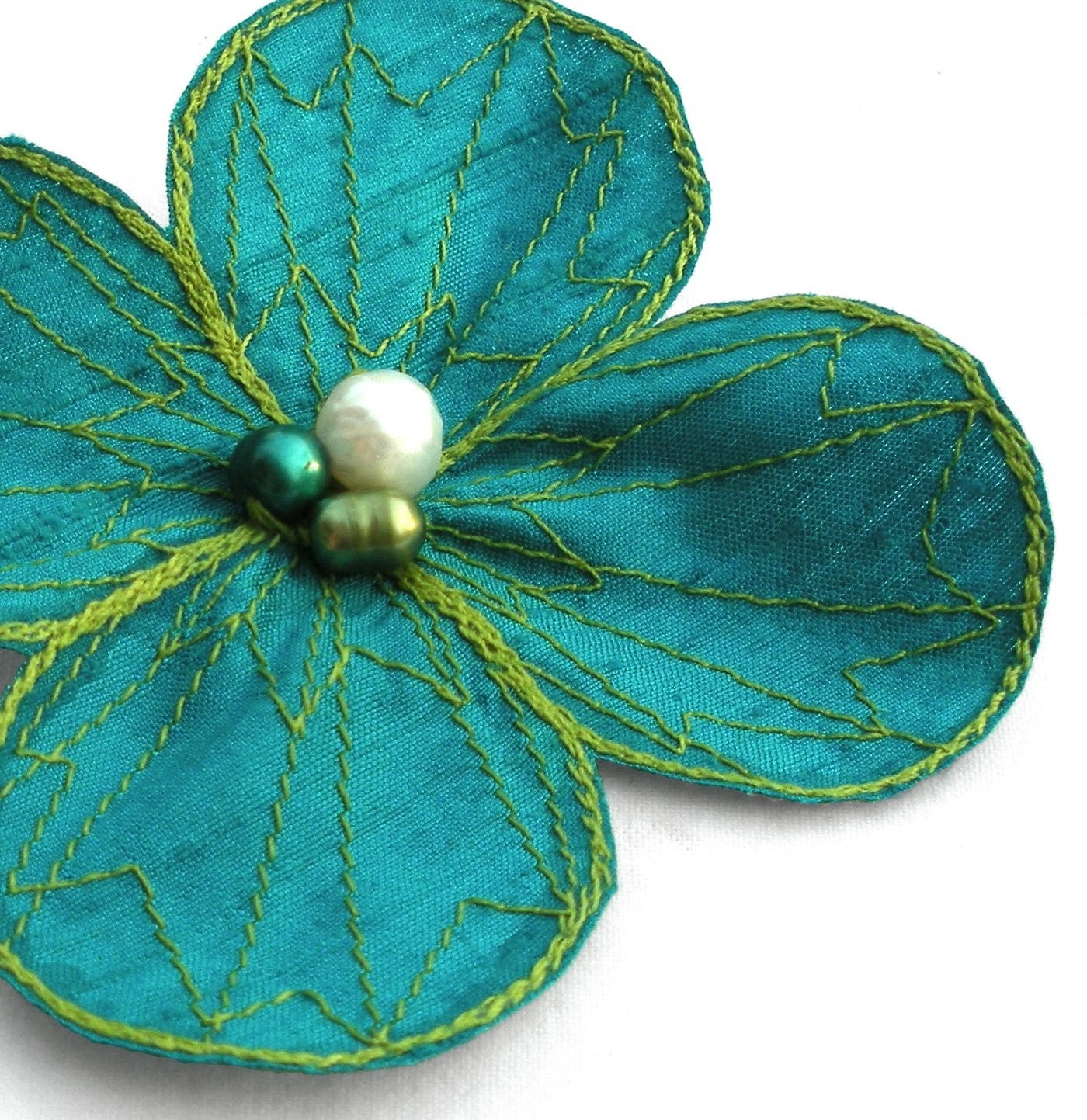 Botanical Hair Clip- You Choose Hair Clip, Bobby Pin, or Brooch- Turquoise with Apple Green Embroidery