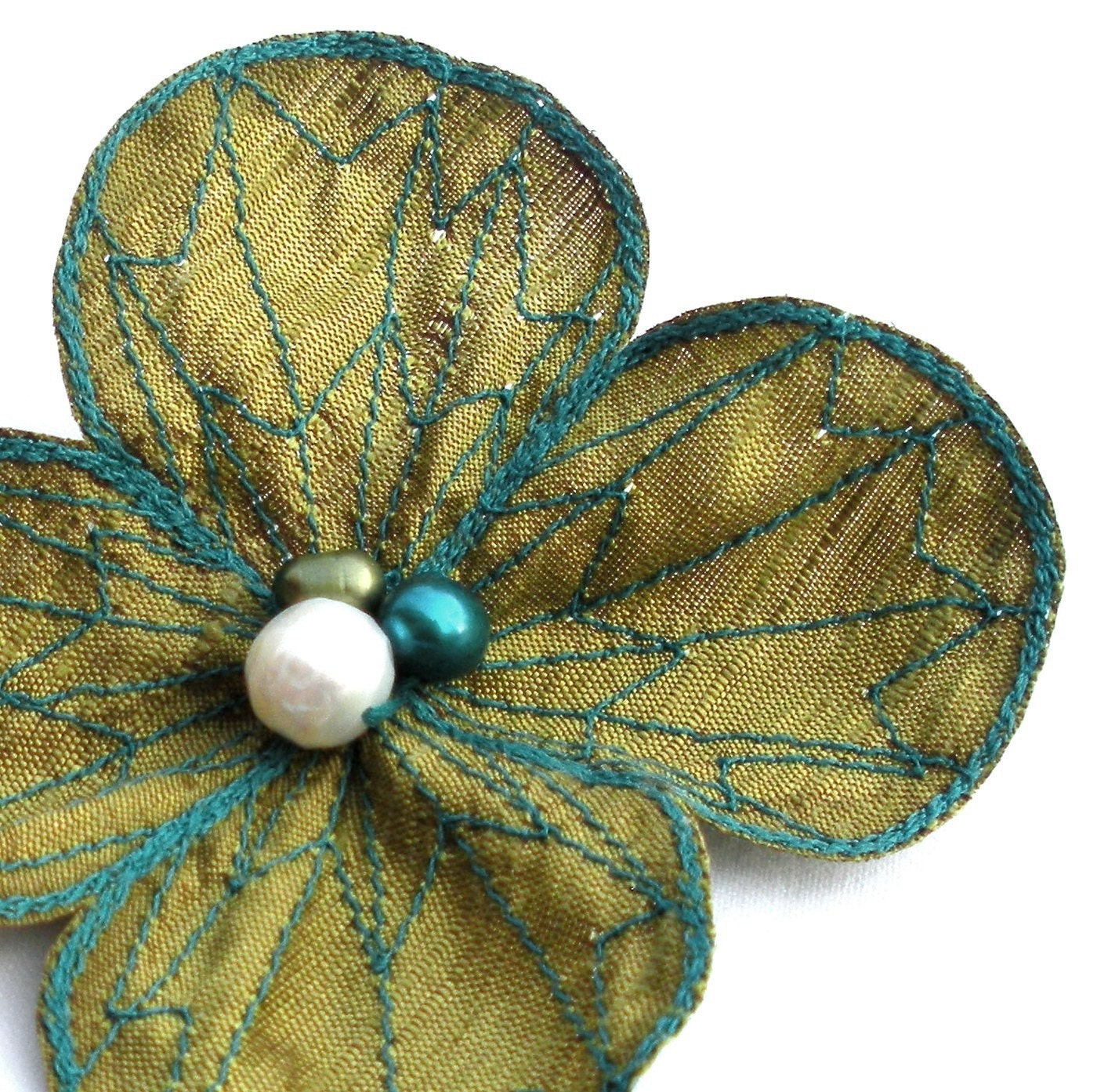 Botanical Hair Pin- Your Choice of Hair Clip, Bobby Pin, or Brooch- Olive Green with Teal Embroidery- Flower Hair Clip