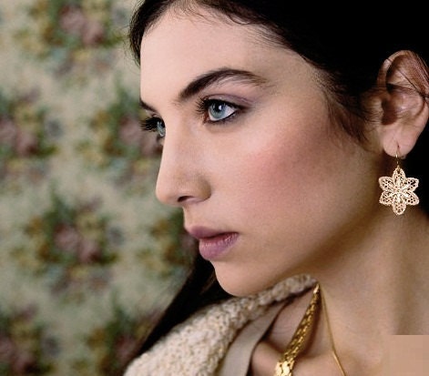 Gold Petal Flower Earrings, Crochet Style Earrings, Bridal Earrings, Wedding Jewelry