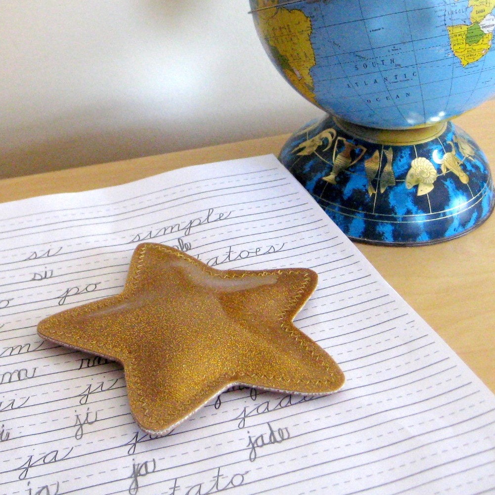 Vinyl Star Paperweight, double sided beanbag filled with steel ball bearings, gold dust sparkle vinyl