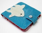 Vinyl Wallet, Deluxe Billfold with Fish Design, turquoise blue sparkle vinyl / red toile and solid red oilcloth with appliqued betta fish