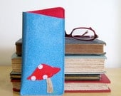 Vinyl Eyeglass Case with Toadstool Design, turquoise blue sparkle vinyl / scoundrel red ultrasuede, size SMALL