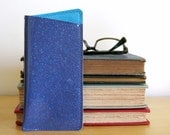 Vinyl Eyeglasses Case, blue lilac sparkle vinyl / splash blue ultrasuede, size small
