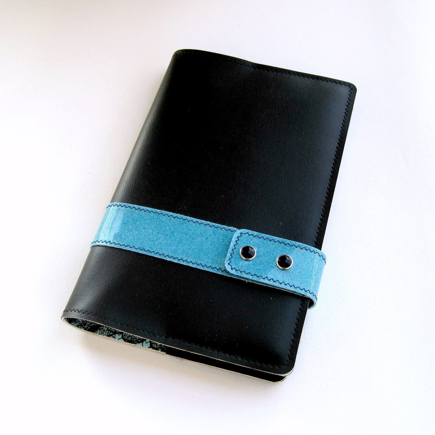 Vinyl Moleskine Cover with Racing Stripe, black and turquoise blue vinyl / fishnet floral oilcloth, fits LARGE CLASSIC NOTEBOOK
