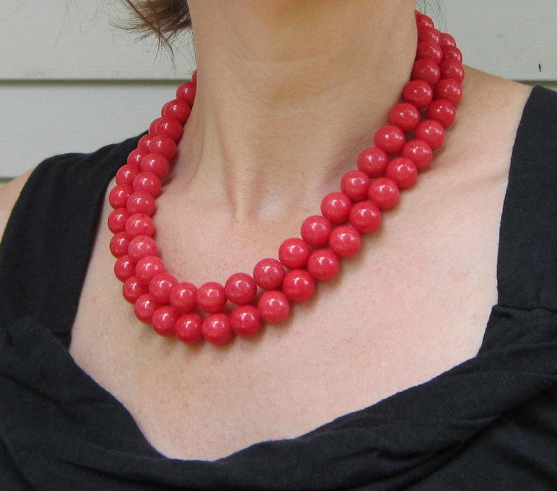 Chunky Necklace Coral Statement with Large Beads, Double Serendipity