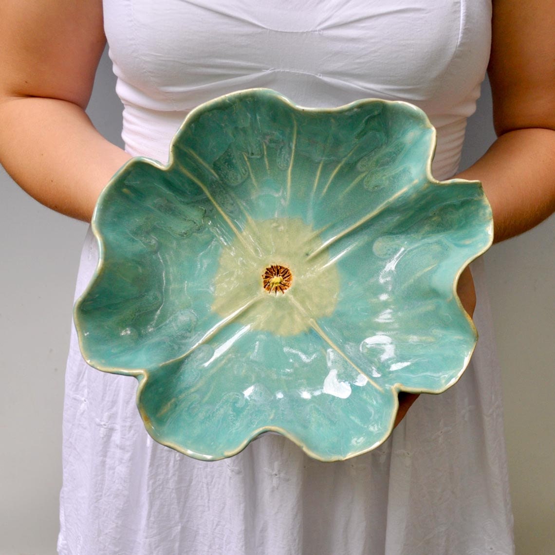 Ceramic Poppy Bowl stoneware pottery bowl 10 1/2" D Turquoise bowl Wedding table decoration