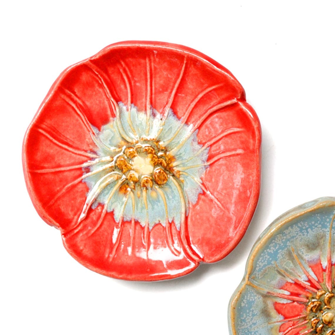 Ceramic Poppy tea bag holder, spoon rest, ring holder tray handmade Red and Ice Crystal Blue