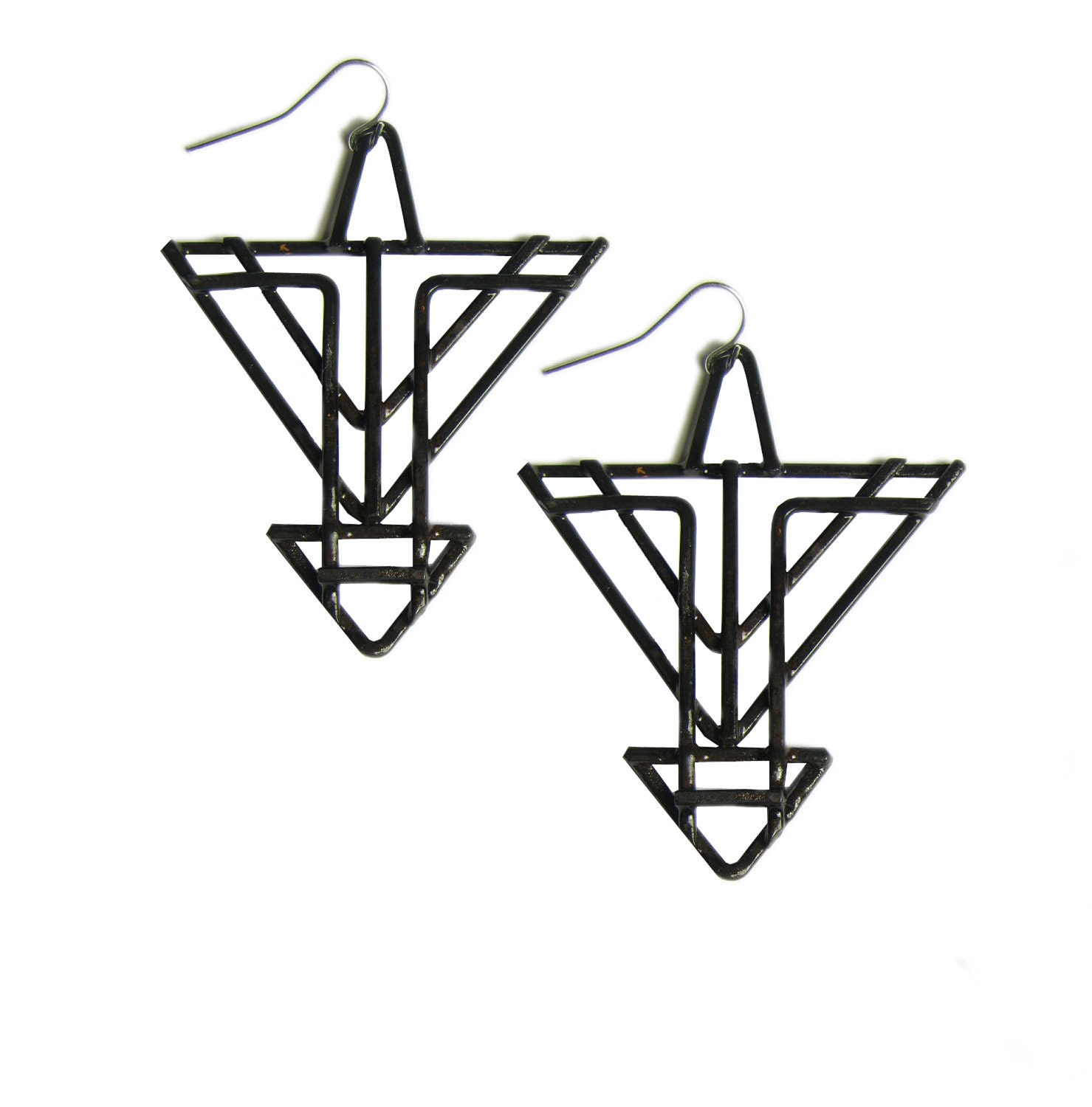 Geometric Arrow Earrings - Art Deco Arrows - made from scratch in my studio from copper wire - chemically blackened and sealed