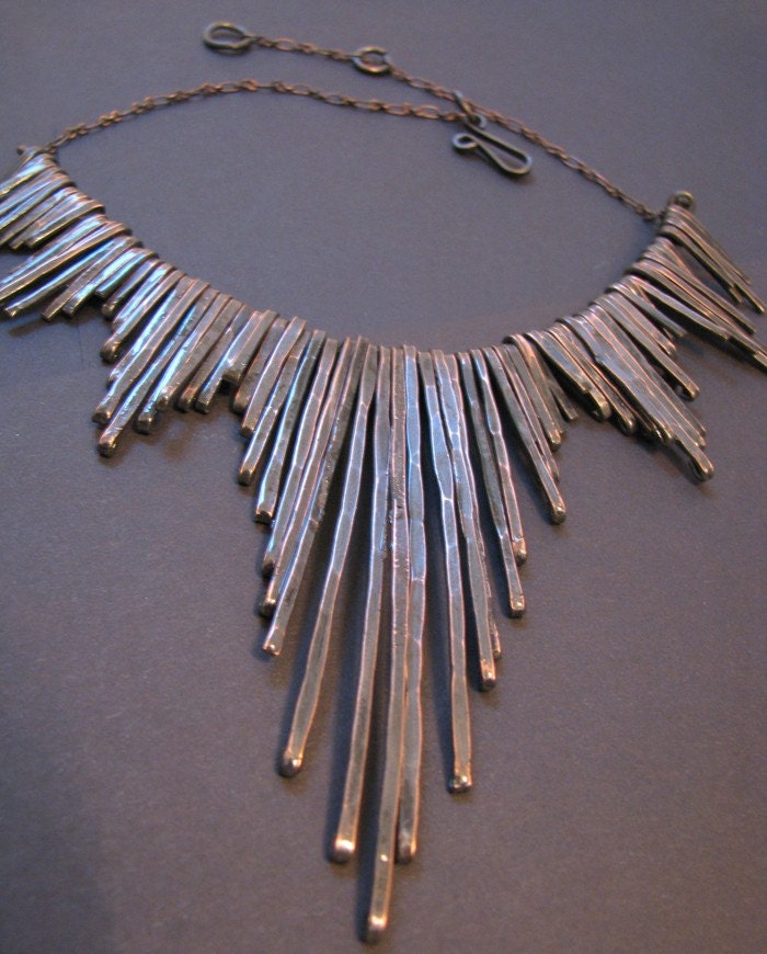Fringe Collar . Oxidized Copper Tribal Hammered Wire - Egyptian Collar Necklace - handmade copper jewelry