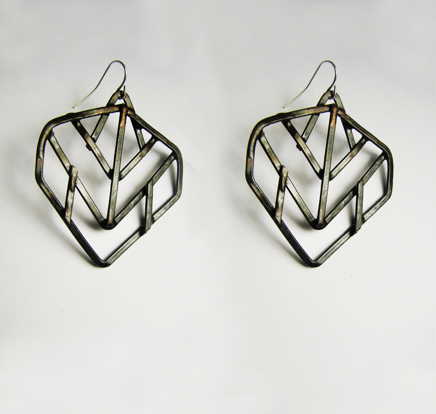 Geometric Earrings - Leaf Design - Black Finish - handmade jewelry - Art Deco and Prairie school revival