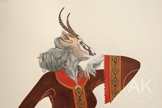 RESERVED FOR A.B., Fashion illustration, Acrylic painting, Arabian Gazelle animal mask, 12" x 16"