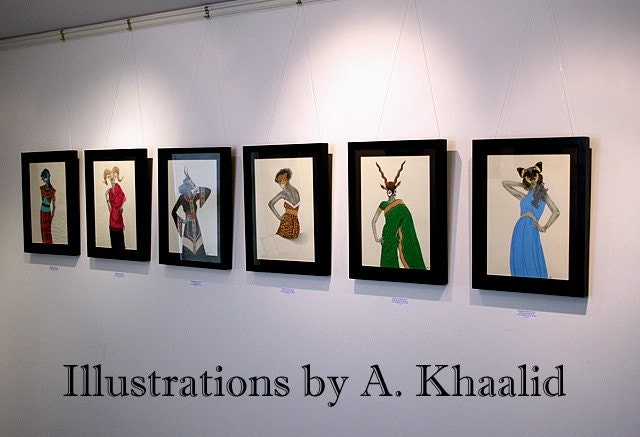 RESERVED FOR A.B., Fashion illustration, Acrylic painting, Arabian Gazelle animal mask, 12" x 16"
