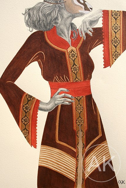 RESERVED FOR A.B., Fashion illustration, Acrylic painting, Arabian Gazelle animal mask, 12" x 16"
